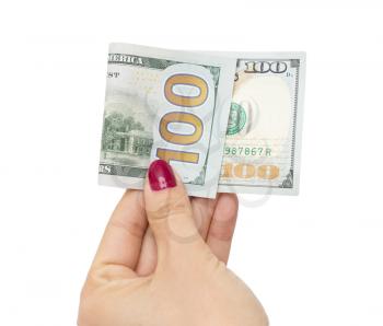dollars in the hand of the girl on a white background