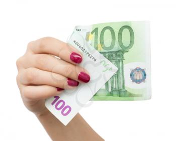 one hundred euro in hand girls on white background