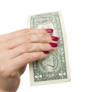one dollar in the hand of the girl on a white background