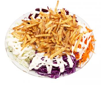dish of fries with mayonnaise and vegetables on a white background