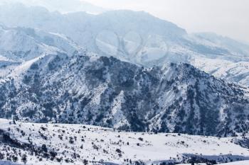 Snowy mountains of Tien Shan in winter .