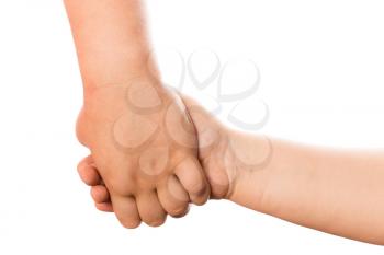 Two children's hand on a white background .