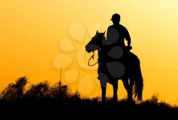 Silhouette of a man on a horse at sunset .