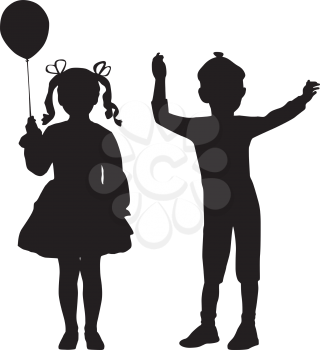 Royalty Free Clipart Image of Silhouettes of a Little Boy and a Little Girl Holding a Balloon
