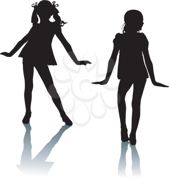Royalty Free Clipart Image of Silhouettes of Two Girls Dancing