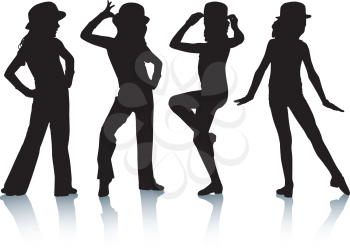 Royalty Free Clipart Image of Four Silhouetted Girl Dancers
