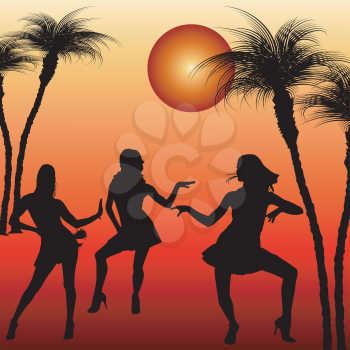 Royalty Free Clipart Image of Three Dancing Woman Silhouetted by a Tropical Sun