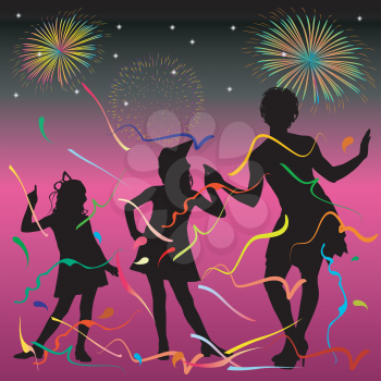 Royalty Free Clipart Image of a Party Background With Three Silhouettes