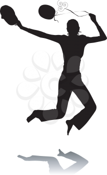 Royalty Free Clipart Image of a Person Holding a Mask and Balloon Jumping