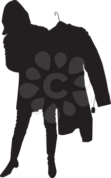 Royalty Free Clipart Image of a Woman Holding a Coat on a Hanger
