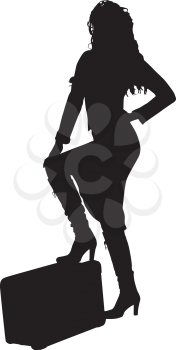 Royalty Free Clipart Image of a Woman With Her Foot on a Suitcase