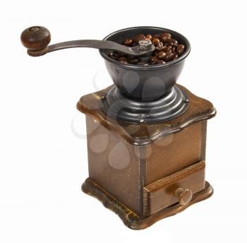 Wooden hand grinder coffee on white background