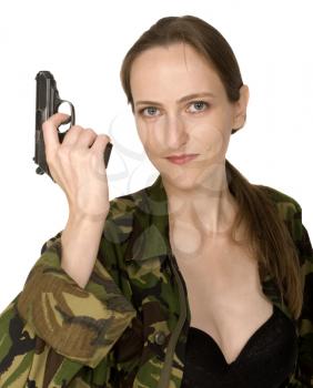 Woman with gun, isolated on white