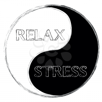 Royalty Free Clipart Image of a Yin Yang Symbol With the Words Relax and Stress