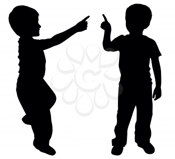 Silhouettes of two young boys showing something with finger