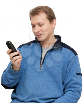 Royalty Free Photo of a Man Holding a Telephone