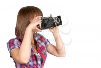 Royalty Free Photo of a Girl Holding an Analog Camera