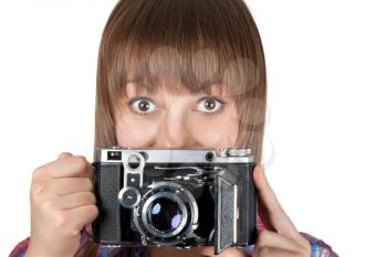 Royalty Free Photo of a Woman Holding a Vintage Camera