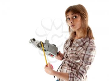 Royalty Free Photo of a Girl Holding a Tape Measure