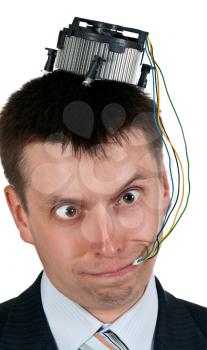 Royalty Free Photo of a Businessman With a Computer Fan on His Head