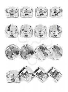 Collage of a set of four polished chrome forged pistons. Isolate on white. Image was compiled from photos.