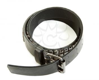 Black leather belt with steel buckle on white background