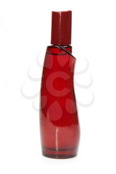 Red perfume bottle isolated on white background