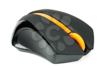 black computer mouse with an orange to scroll isolated on white background