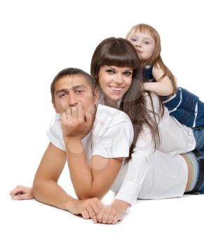 Happy family of three people lying on white background