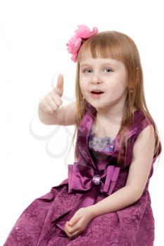 Funny little girl shows OK. Good for borders of articles or websites. Beautiful caucasian model. Isolated on white background.