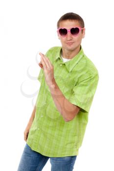 Portrait of a joke, the guy in the pink glasses and a green dress shows OK on a white background
