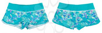 collage of women's beach shorts with blue pattern isolated on white background
