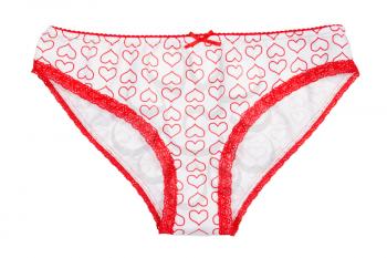 Bright women's panties with red heart motif. Isolate on white