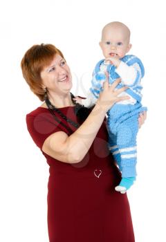 grandmother with her grandson in her arms in the studio on a white background