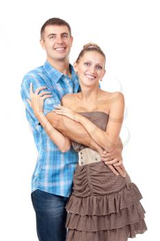 Happy smiling young caucasian couple piggyback isolated on white background