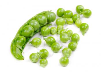 Green peas pods over a white background