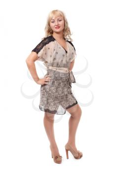 Full length portrait of trendy young woman in elegant beige dress smiling isolate on white background