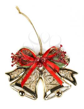 Christmas ornament, golden bells on white background