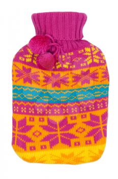 rubber hot water bottle in a knitted cover color on a white background