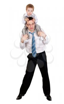 Businessman with a child on his shoulders in the studio, isolate on white