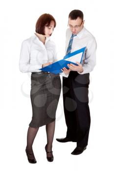 Business couple with a folder for documents in the studio, isolate on white