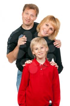 Happy family with child posing on white background