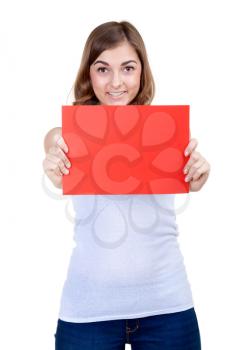 Beautiful girl with a red sheet of paper winks, isolate on white