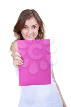 An image of young beautiful girl  holding sheet of paper, isolate on white