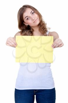 An image of young beautiful girl holding sheet of paper, isolate on white