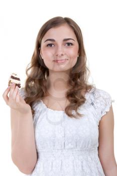 Portrait of beautiful smiling girl eating cake crumbs on her lips. Isolate on white.