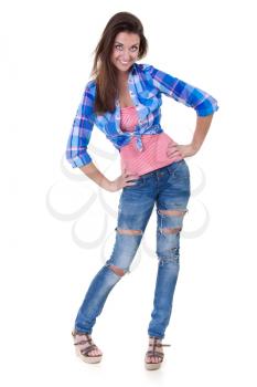 Full portrait of beautiful stylish girl in fashion stylish jeans posing - isolated on white background. Full length portrait