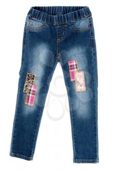 trendy teen jeans with fabric patches. Isolate on white