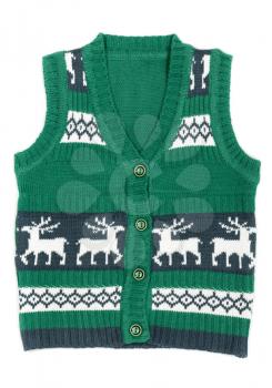knitted vest with a Christmas ornament (with deer). Isolate on white background.