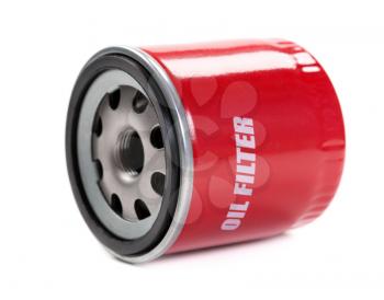 New oil filter car in red steel case. Isolate on white.